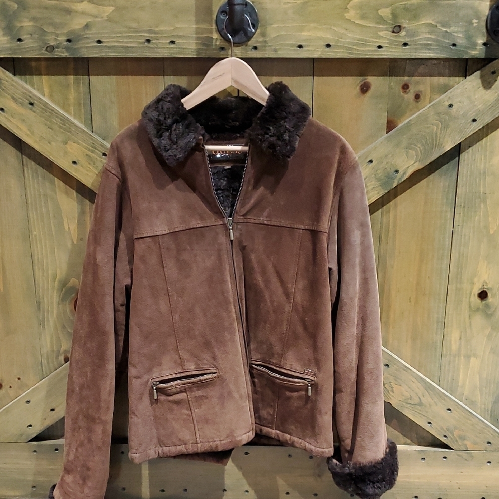 Guess Leather Men's Brown Shearling Jacket Bold Heavy Adventure Outdoor Winter